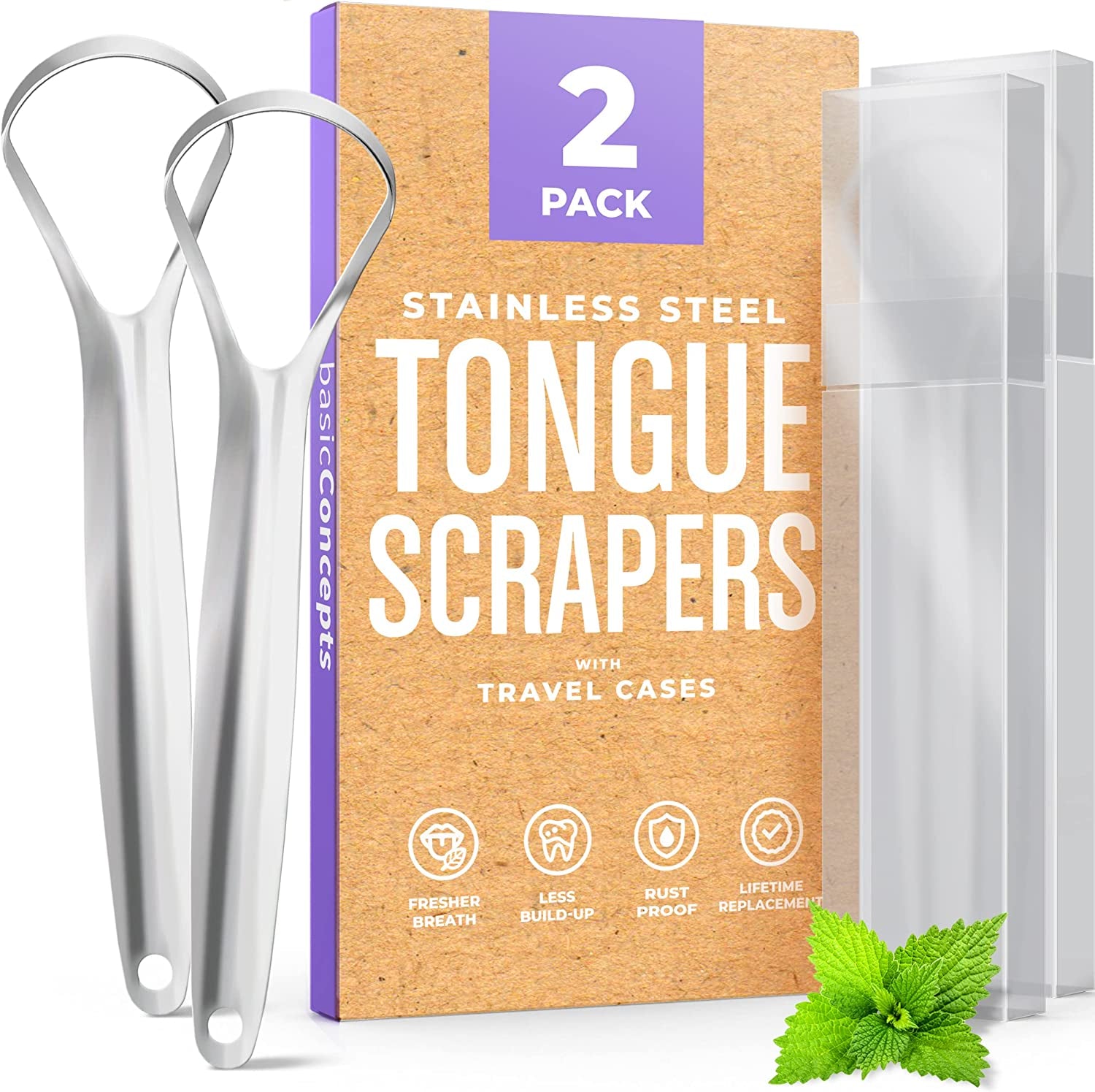 Stainless Steel Tongue Scraper (2 Pack) for Fresher Breath, Effective Bad Breath Reduction, 100% BPA Free Tongue Cleaners