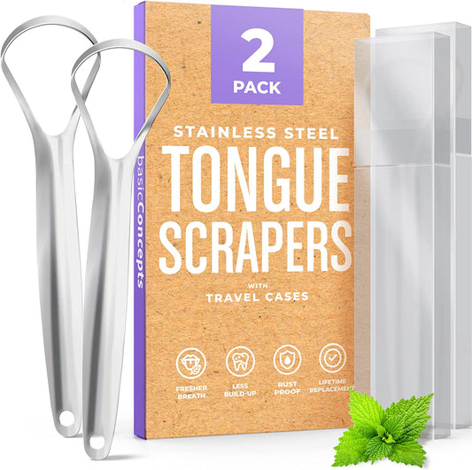 Stainless Steel Tongue Scraper (2 Pack) for Fresher Breath, Effective Bad Breath Reduction, 100% BPA Free Tongue Cleaners