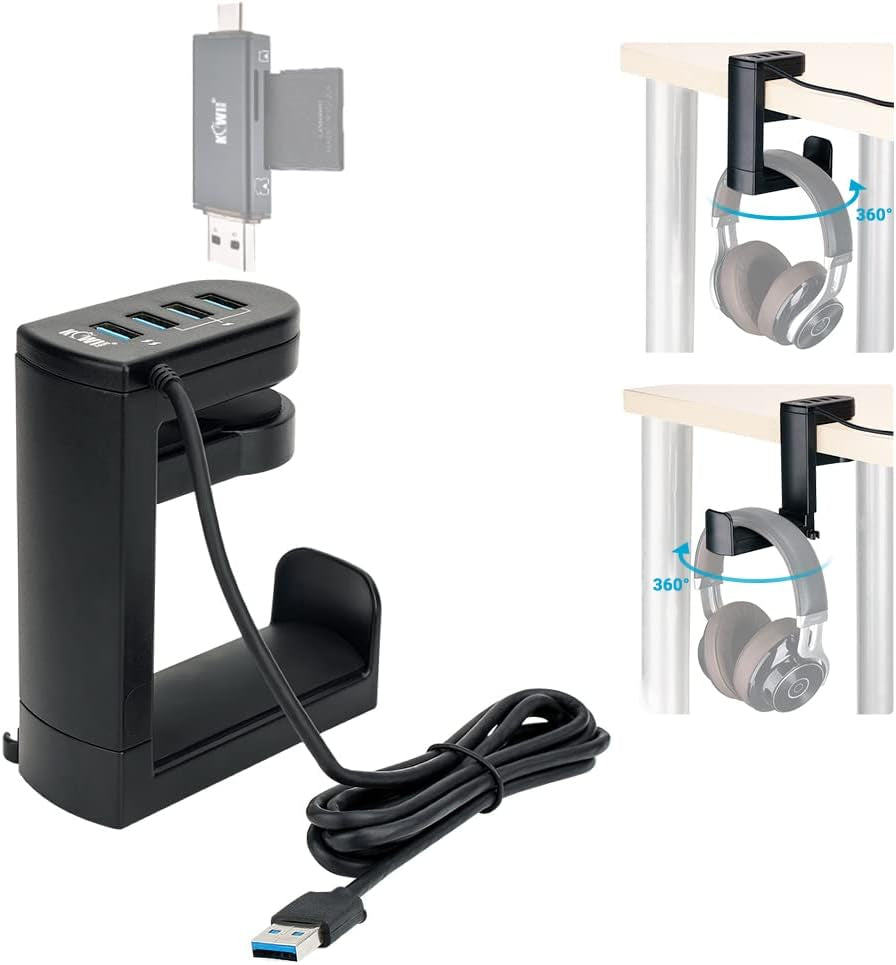 2-in-1 Desk Headphone Hanger Hook with USB Port and 4 USB Ports, Adjustable Rotating Arm Clamp - Black