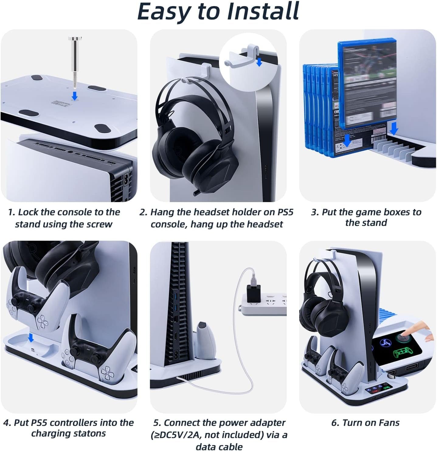PS5 Cooling Stand with 3-Level Speeds Cooling Fan, Game Storage, Dual Controllers Charger, Headset Holder, and LED Indicators - White