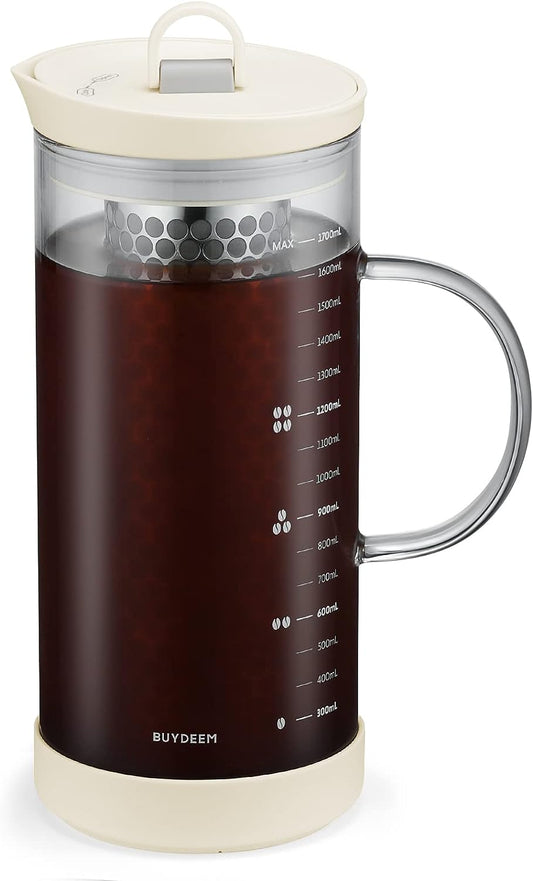 Large Capacity Borosilicate Glass Cold Brew Coffee and Tea Maker - 57oz Pitcher with Removable 18/8 Stainless Steel Brewing Mesh Filter - Dishwasher-Safe - Oatmeal White Color