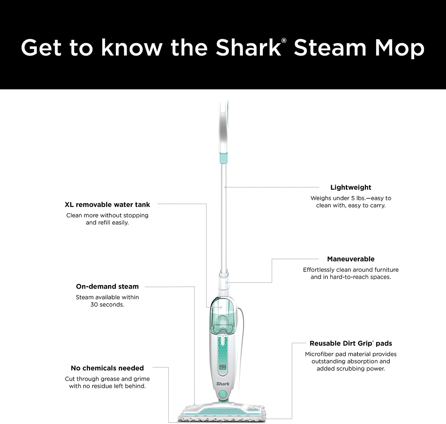 S1000 Steam Mop: Lightweight, Safe for All Sealed Hard Floors (Tile, Hardwood, Stone, Laminate, Vinyl, and More), Includes 2 Machine Washable Dirt Grip Pads, Removable Water Tank - White/Seafoam.