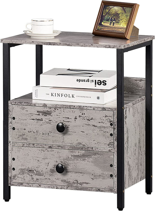 Grey Industrial Nightstand: Bedside Table with 2 Drawers, Open Shelf, and Steel Frame, Ideal for Bedroom or Dorm Use, 23.6'' in Height, Grey Color