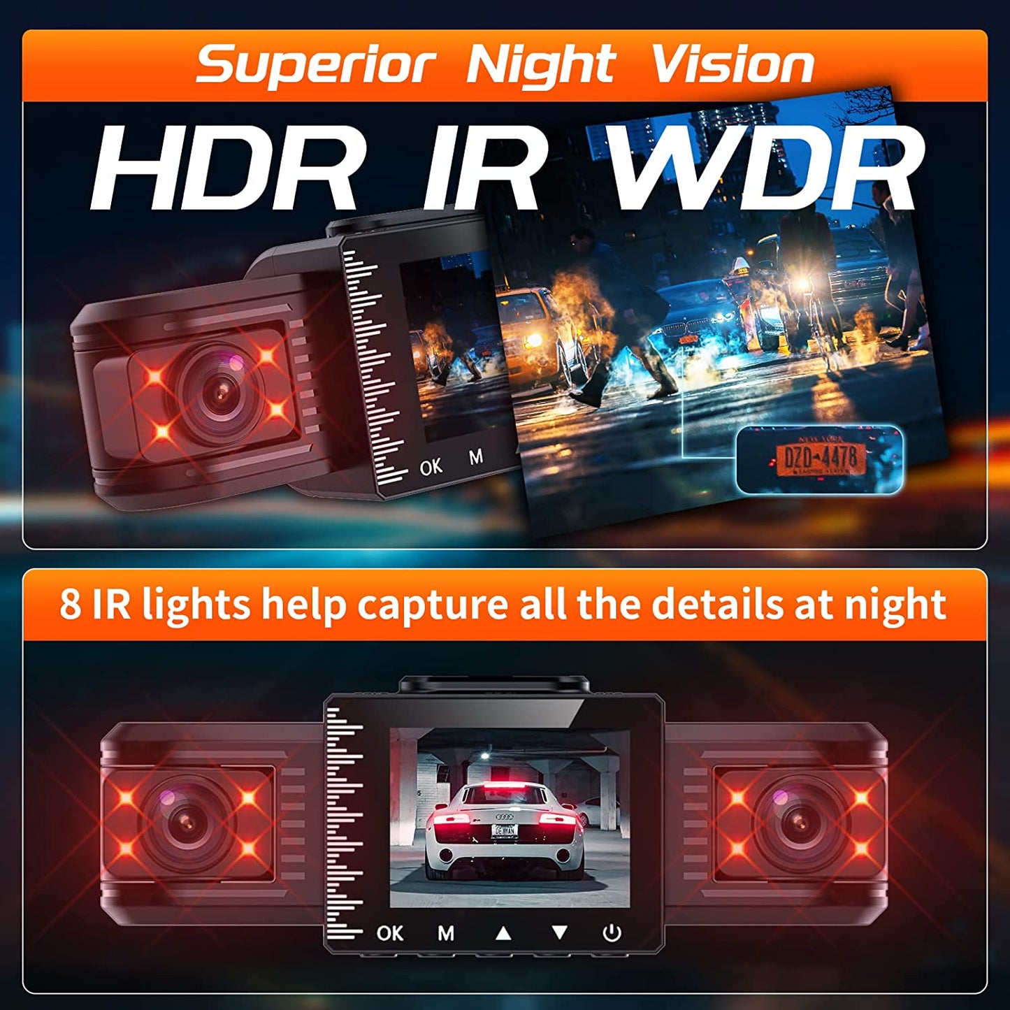 Adjustable Lens T1-Pro Dash Cam Front and Rear inside, 3 Channel 1080P Car Dash Camera with 8 IR Lamps Night Vision, Triple Car Camera System, Loop Recording, G-Sensor, Parking Monitor