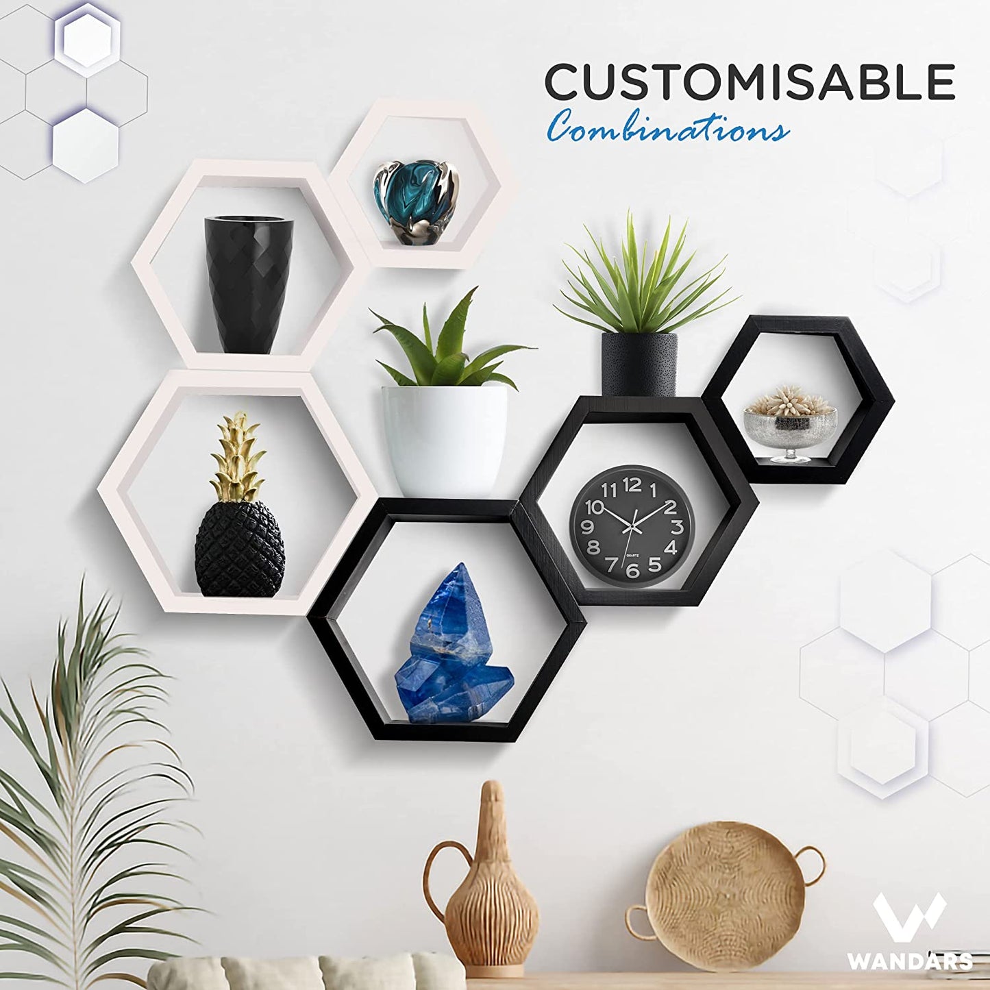 Set of 3 Hexagon Pine Wood Wall Shelves - Farmhouse Decor for Living Room, Kitchen, Rustic Boho Style.