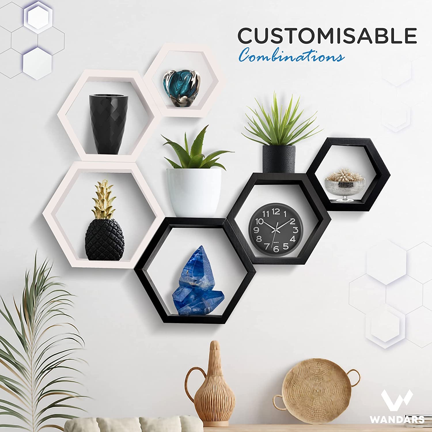 Set of 3 Hexagon Pine Wood Wall Shelves - Farmhouse Decor for Living Room, Kitchen, Rustic Boho Style.