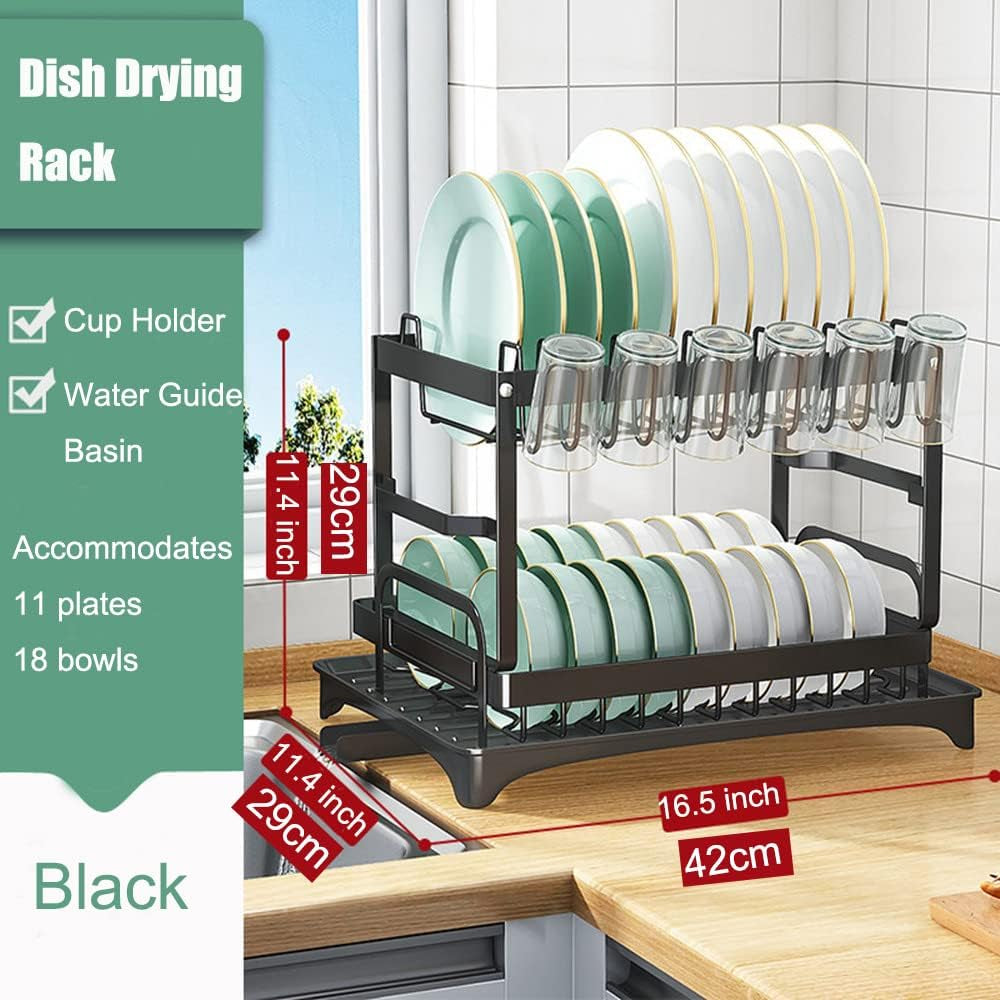 2-Tier Dish Rack for Kitchen Counter - Includes Drainboard, Convenient Dish Drying Rack Design, Perfect for Kitchen Counters, Available in Black Color.