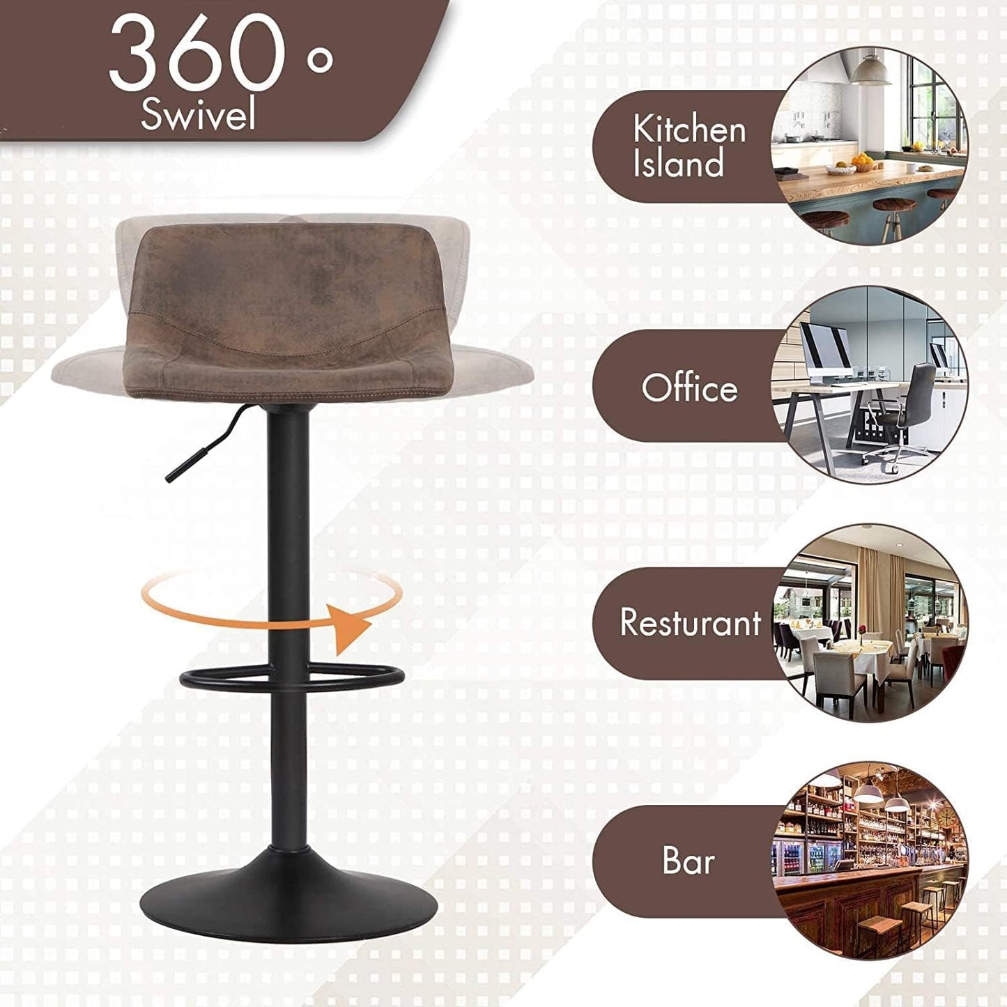 Set of 2 Bar Stools, Swivel Barstool Chairs with Back, Modern Pub Kitchen Counter Height, Retro Brown, PU Material