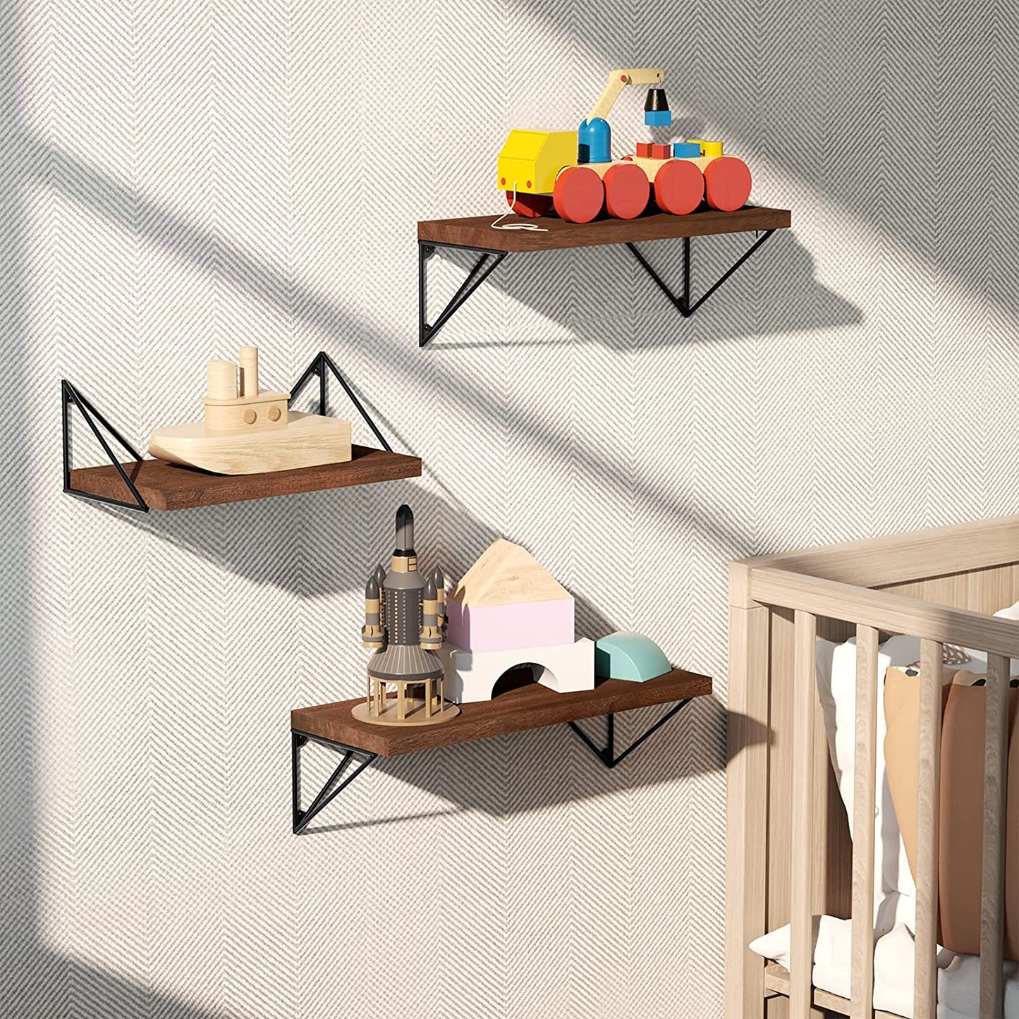 Set of 3 Rustic Wall Mounted Floating Shelves - Ideal for Bedroom, Bathroom, Living Room, Kitchen in Dark Walnut