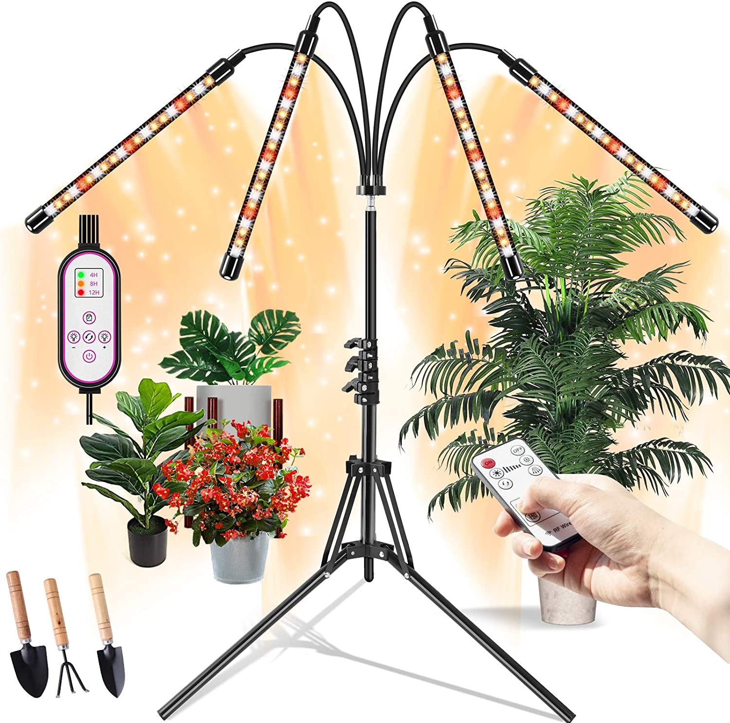 Full Spectrum LED Grow Plant Light with Stand - 4 Head 80 LED Floor Plant Light for Indoor Plants, with 4/8/12H Timer and 10 Dimmable Levels