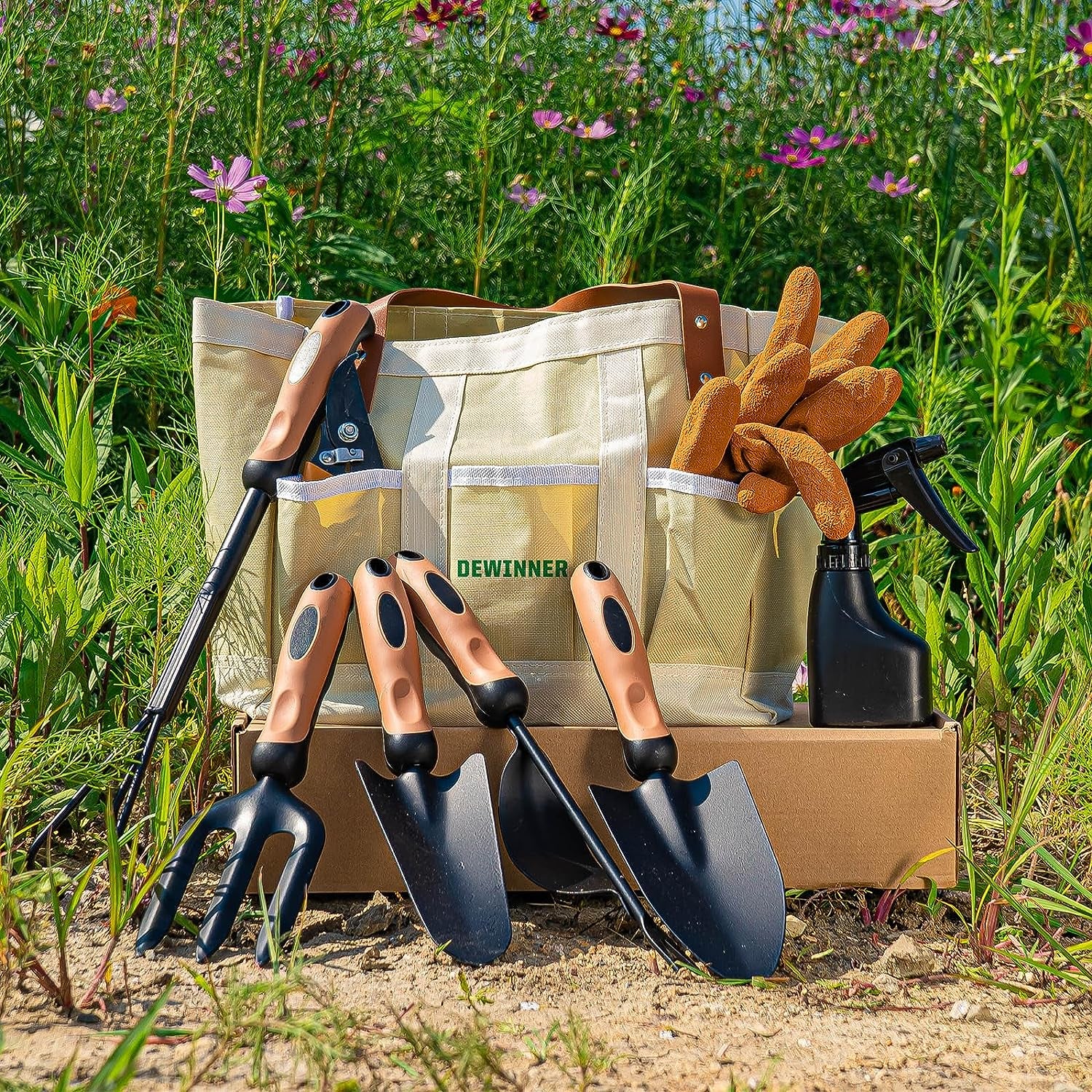 Complete 8-Piece Garden Tool Set: Includes Heavy-Duty Gardening Tools such as Pruner, Trowel, Hand Weeder, Rakes, Weeding Fork, Watering Pot, Gloves, and Tote Bag