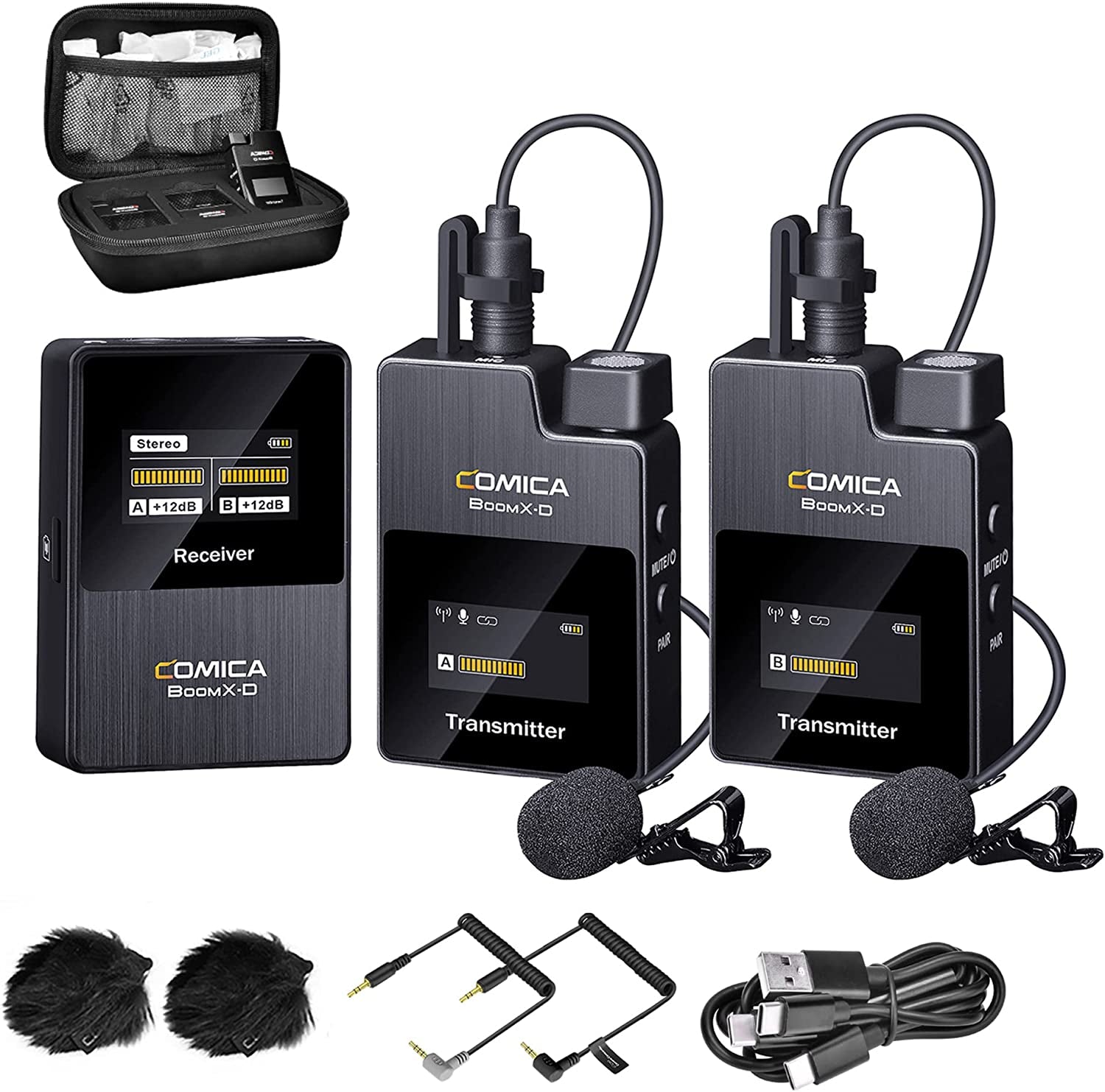 2.4G Wireless Lavalier Microphone System - Includes 2 Transmitters and 1 Receiver, Ideal for Smartphone, Camera, Podcasts, Interviews, YouTube, Facebook Live, and More.