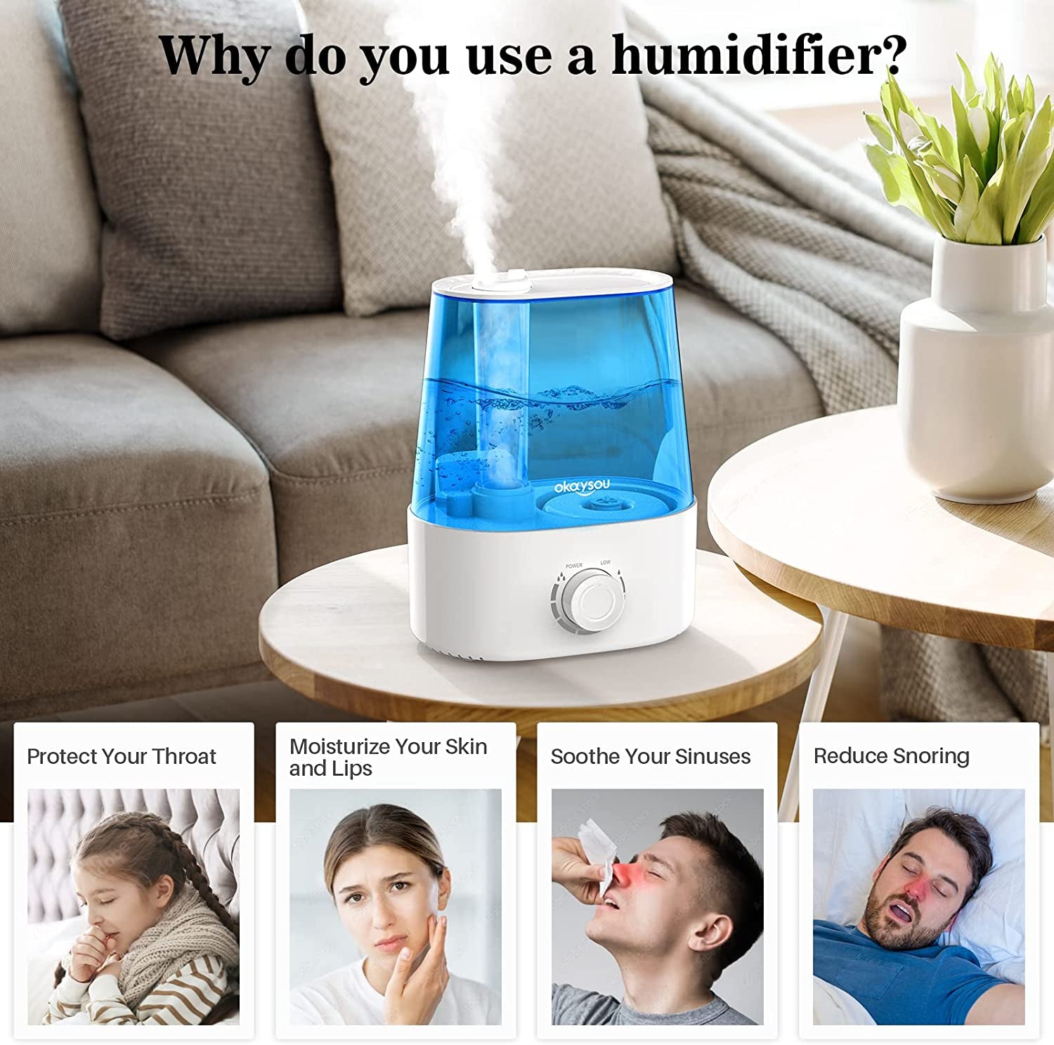  Large Room Humidifier with Essential Oil Diffuser, 2.2L Capacity, Quiet Cool Mist Ultrasonic Technology, 360° Mist Nozzle, Easy-Fill Tank, Auto Safety Shut-off, Blue Color