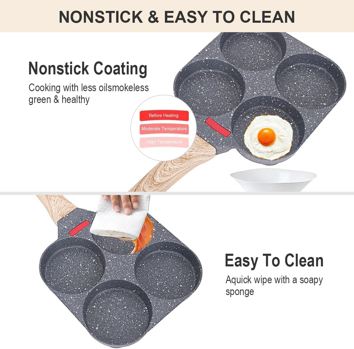 Nonstick Egg Pan with 4 Cups, Aluminium Alloy Cooker for Breakfast, Suitable for Gas Stove & Induction Cooker, PFOS-Free (Black)