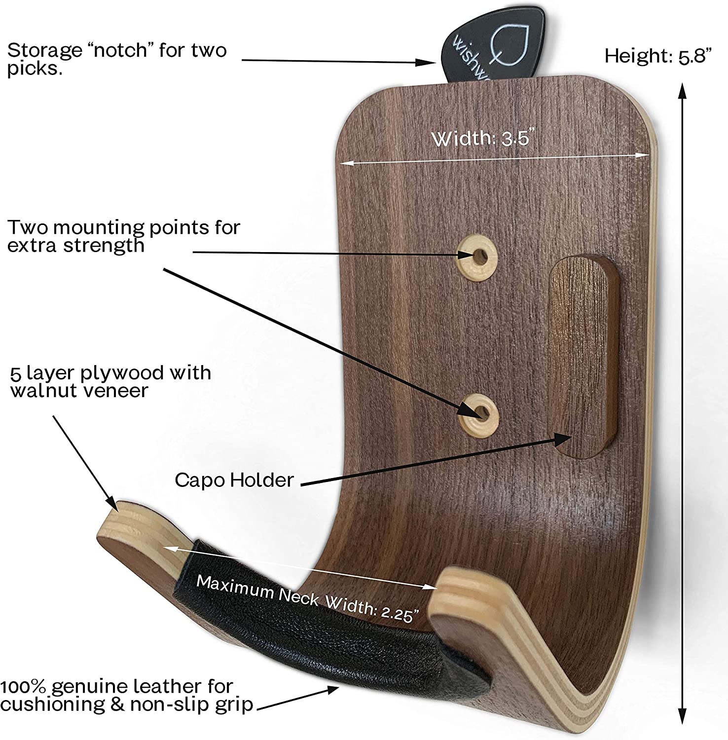 Guitar Wall Mount: A Sleek, Strong, Modern Design Guitar Hanger for Wall Storage and Display. Made from Heavy-Duty Plywood for Secure Wall Mounting, suitable for Ukuleles, Acoustic, Bass, and Electric Guitars.