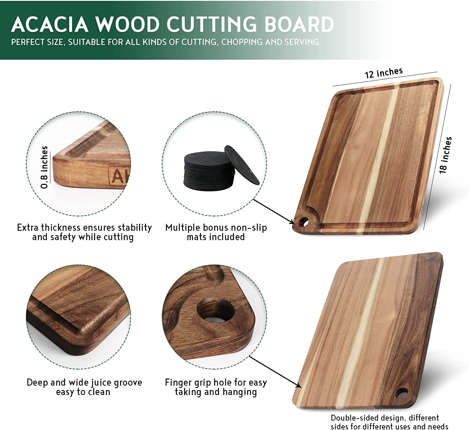 Large Acacia Wood Cutting Board for Kitchen, measuring 18x12 inches, featuring a Juice Groove, Handle, and Hanging Hole. Ideal for Chopping, Carving, and Butcher Block for Meat and Veggies.