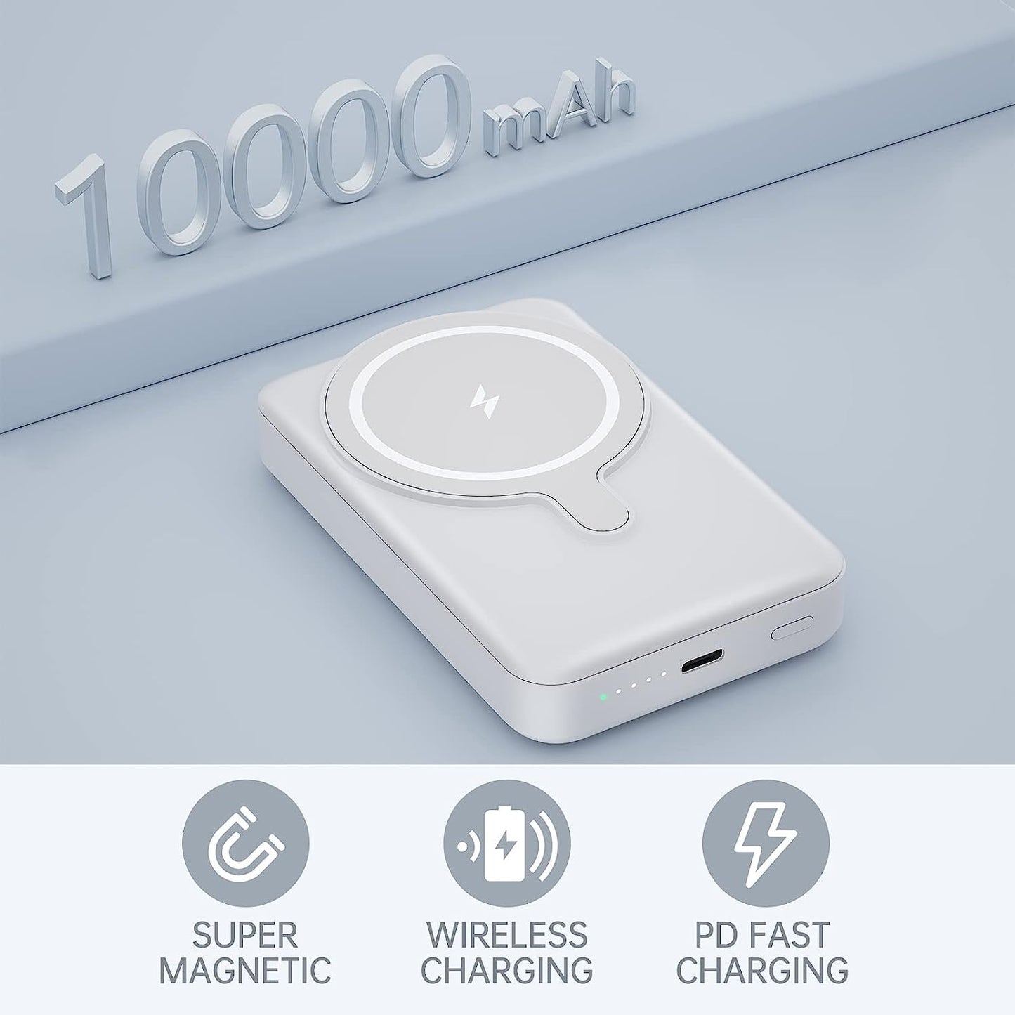 Magnetic Portable Charger: 10000mAh Mag-Safe Power Bank with 15W Fast Charging. PD 22W USB-C Foldable Stand Extended Charger Battery Pack for iPhone 14/13/12 Mini, Pro, Plus, and Max in White.