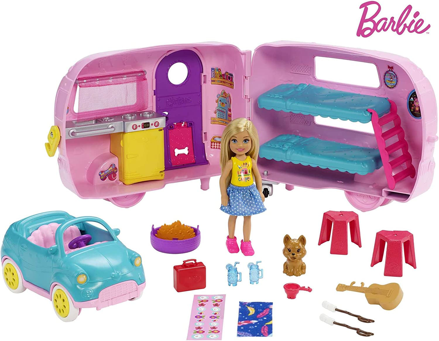 Club Chelsea Toy Car & Camper Playset - Includes Blonde Chelsea Small Doll, Puppy, and 10+ Accessories. Unhitch & Open for Campsite Fun.