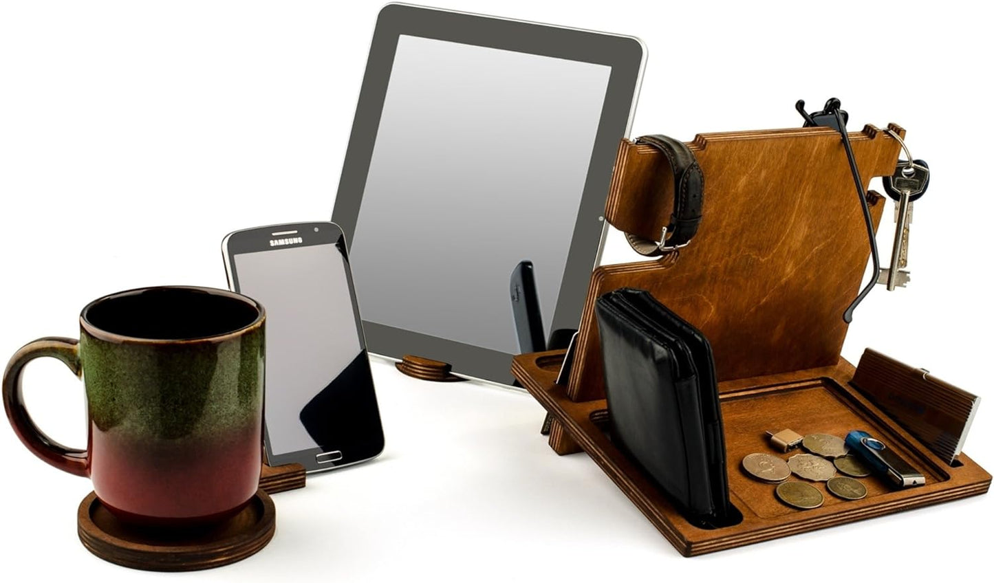 Handcrafted Wooden Docking Station: Premium Desk Organizer for Smartphone, Tablet, Watch, Wallet - Featuring Built-in Mirror and Card Holder