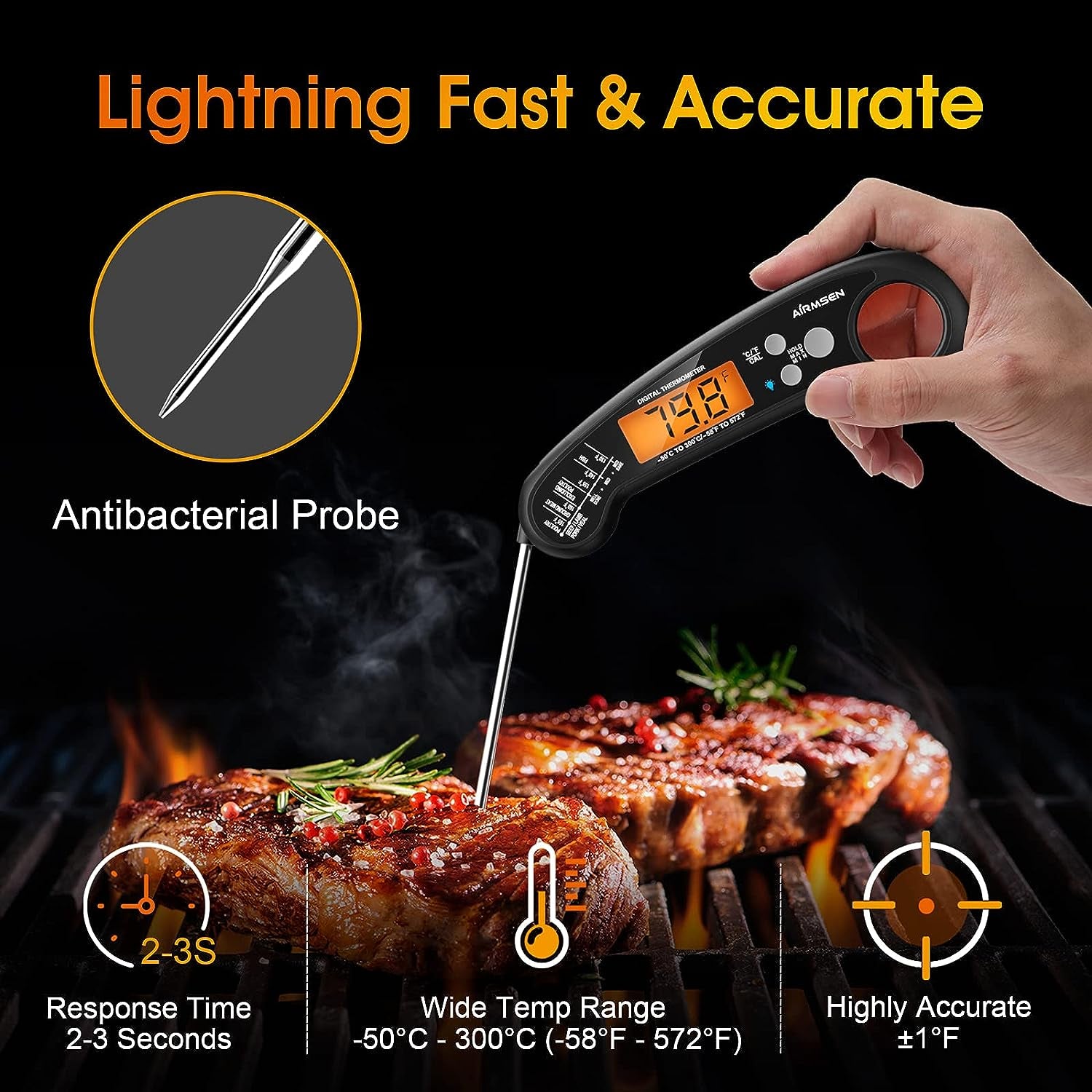 Digital Instant Read Meat Thermometer - Designed for Grill, Cooking, and More - Offers Fast and Precise Temperature Reading - IP67 Waterproof - Backlight and Calibration - Suitable for Kitchen, Oil Deep Fry, BBQ, and Candy 