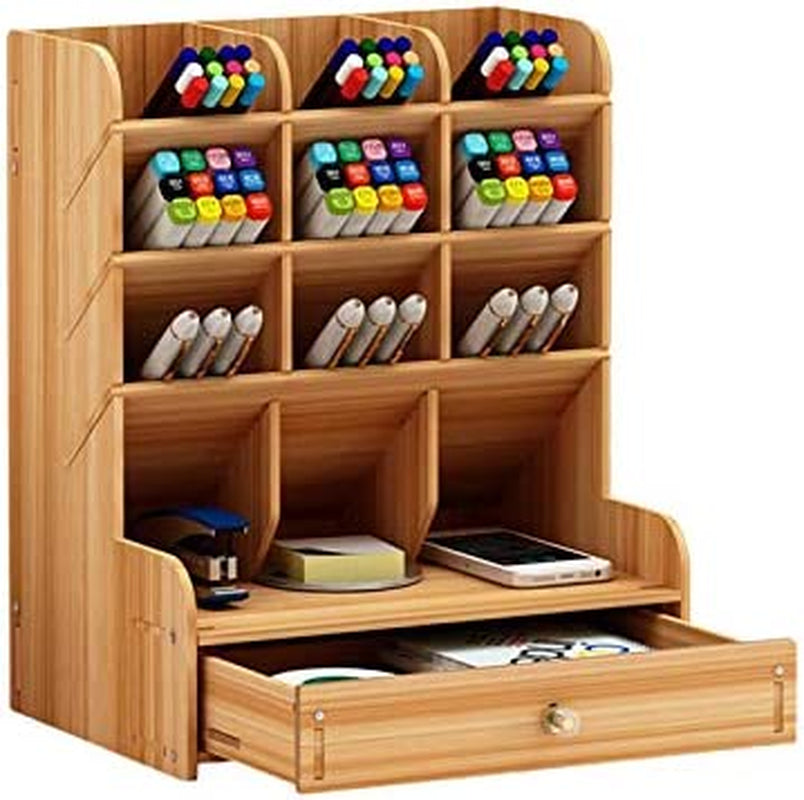 Wooden Desk Organizer with Drawers and Pen Holder - Office Supplies Storage Box in Yellow