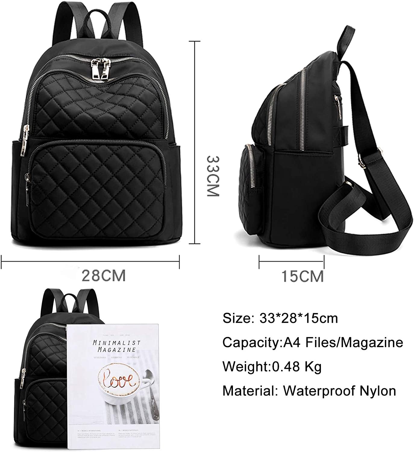 Waterproof Women Backpack Purse - Nylon Mini Rucksack Lightweight Daypack Black