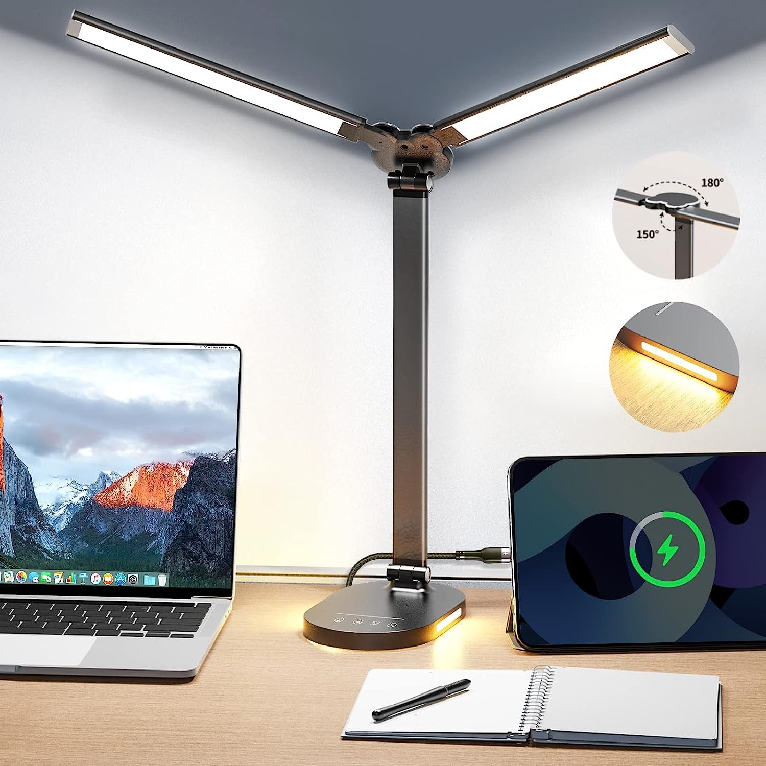 Dual Swing Arm LED Desk Lamp: Equipped with USB Charging Port and Night Light Function. This Desk Lamp offers 5 Color Modes, 5 Brightness Levels, and Touch Control. Ideal for Desktop, Office, or Table Use with Convenient Plug.