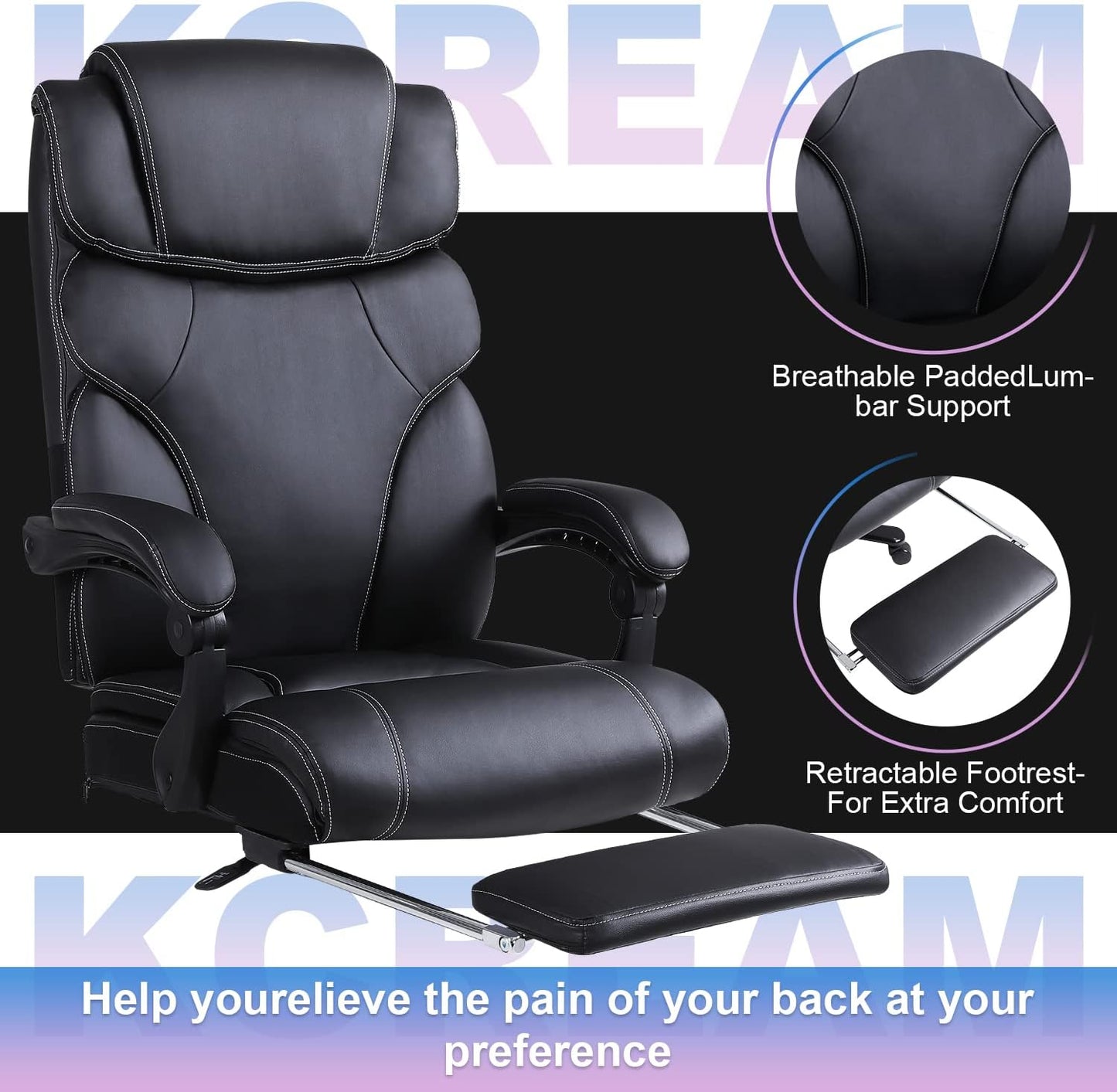 Tall Executive Office Chair - Ergonomic Leather Reclining Computer Desk Chair with Footrest, Adjustable Tilt Angle, High Back, Heavy Duty Metal Base, and Thick Padding. Identified as Model 9298-1 in Black.