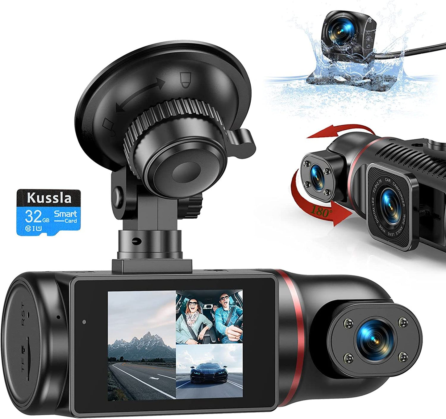 Rotatable Dashcams for Cars with 3 Channel Front and Rear Inside FHD 1080P Dash Cam, SD Card Included, Super Night Vision, Loop Recording, G-Sensor, WDR, and Motion Detection