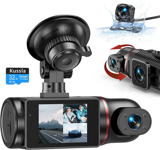 Rotatable Dashcams for Cars with 3 Channel Front and Rear Inside FHD 1080P Dash Cam, SD Card Included, Super Night Vision, Loop Recording, G-Sensor, WDR, and Motion Detection