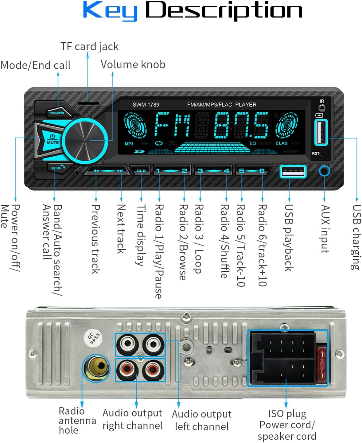 Single Din Car Stereo: Bluetooth Car Radio Autoradio with Hands-Free Function, Quick Charge 12V MP3 Player, Dual Control, Memory Function, and compatibility with MP3, FM, AM, TF, AUX, USB, and APP