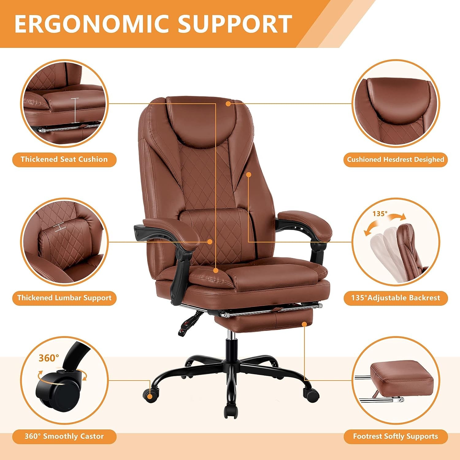 Executive Office Chair - Big and Tall Reclining Leather Chair with Foot Rest, High Back, Lumbar Support, and Ergonomic Design for Home Office - Brown