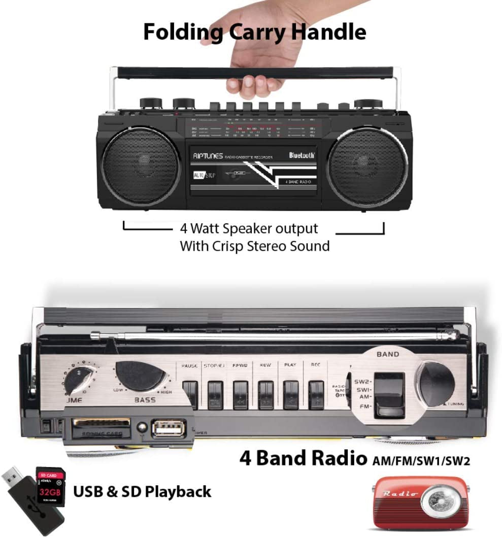 Retro Bluetooth Boombox with Cassette Player and Recorder, AM/FM/SW-1-SW2 Radio, USB, SD, and Aux in - Black