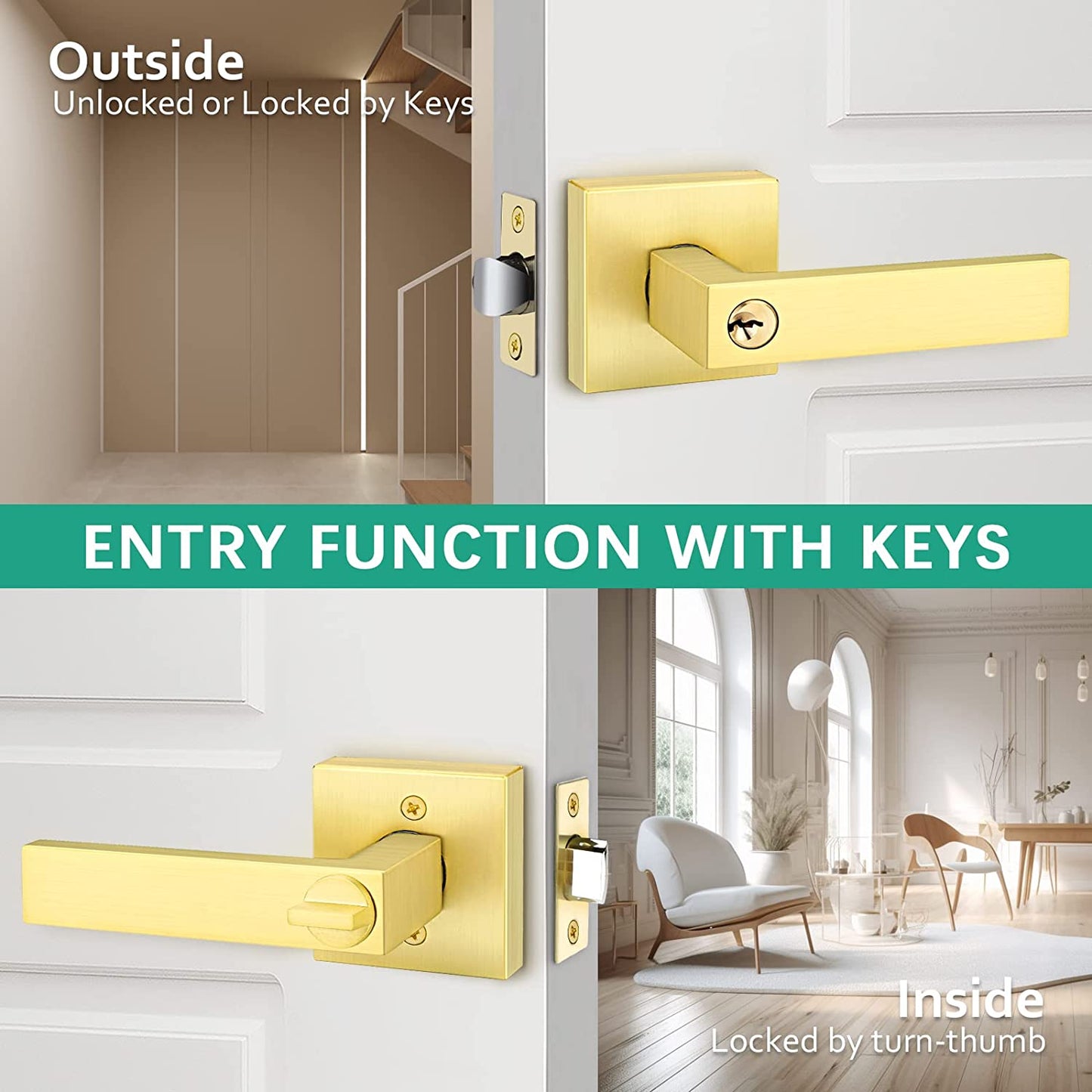 Satin Brass Keyed Entry Door Lever - Heavy-Duty Exterior Door Handle with a Keyed Entry Lock Set. Suitable for Left or Right-Handed Doors.