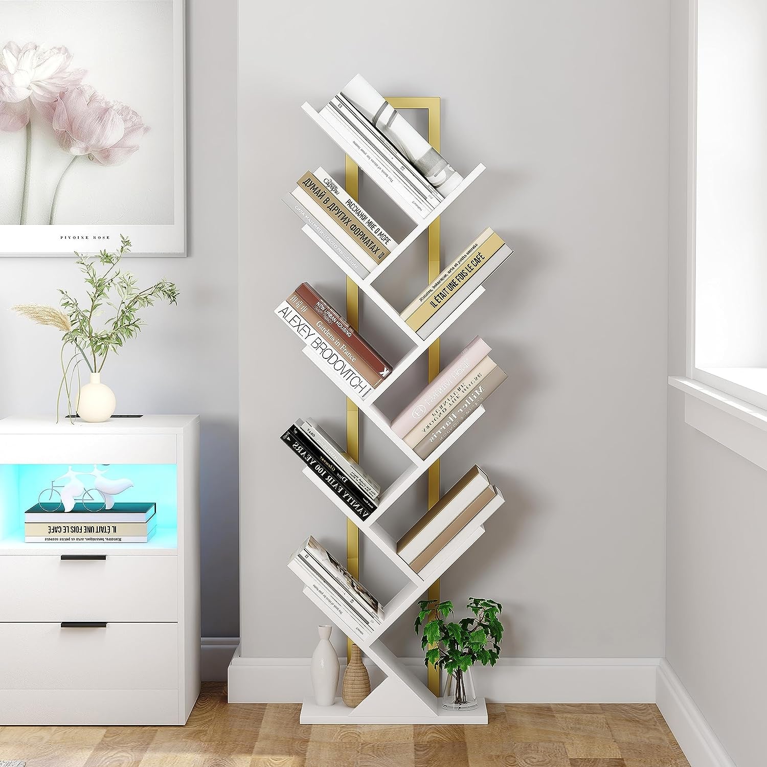 Geometric Tree Bookshelf with Steel Pipe - A Stylish Floor Standing Bookcase for Living Room, Bedroom, Home Office. Available in Gold and White.