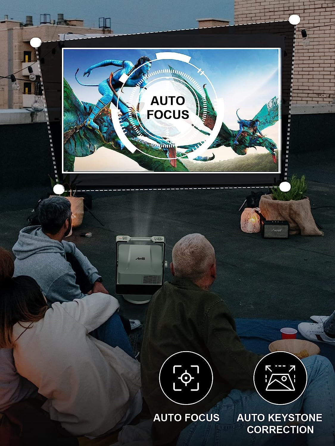 High-Quality Outdoor Projector - 4K Resolution, Auto Focus & Keystone Correction, Dolby Audio, Anti-Direct Eye Protection. Equipped with 2X10W Speakers for Enhanced Bass Effect. Offers 5G Wifi, Bluetooth, USB, and HDMI Connectivity
