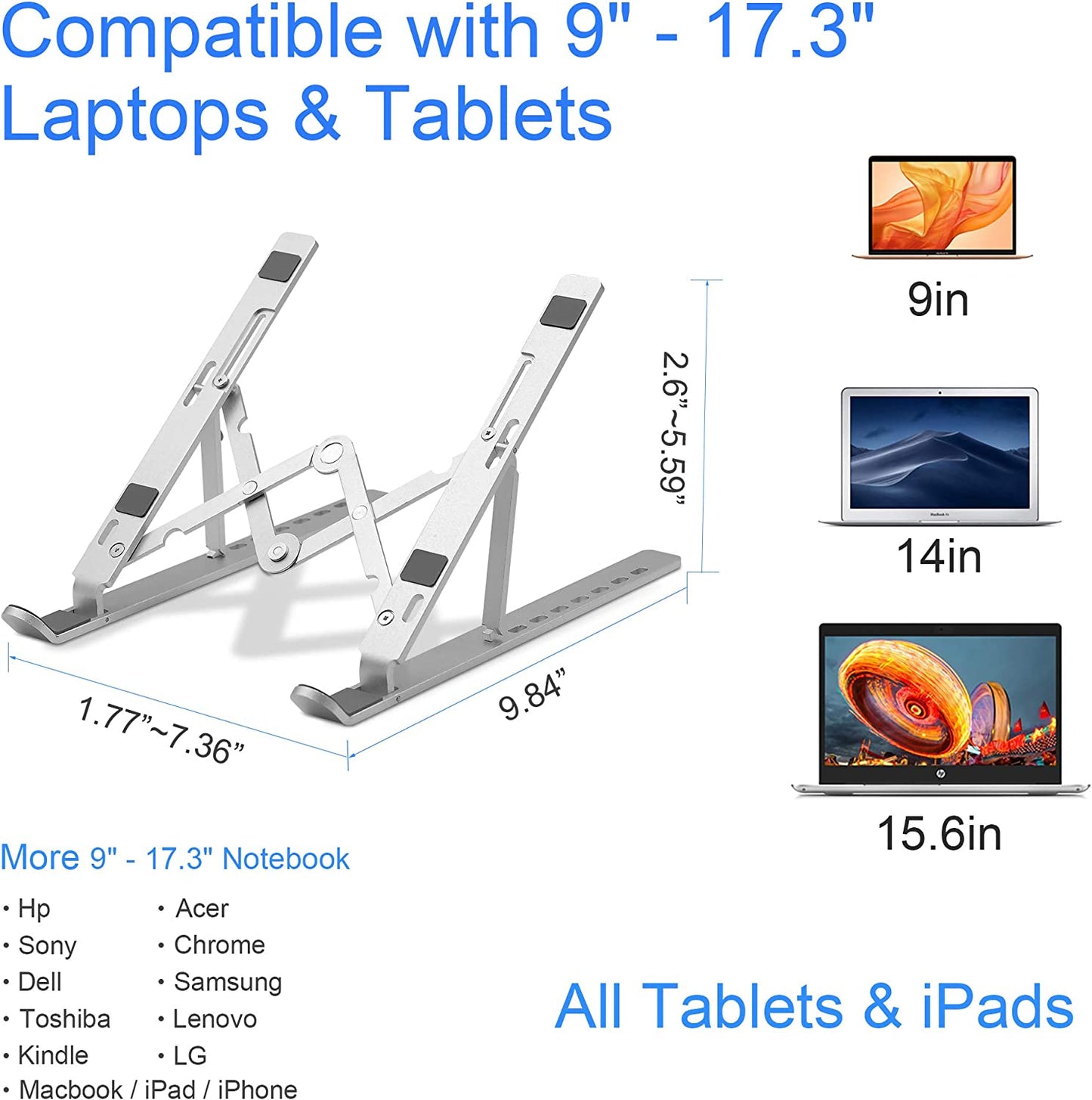 Ergonomic Aluminum Laptop Stand - Adjustable, Portable, and Ventilated - Compatible with 9-17" Laptops - 7 Levels of Height Adjustment - Ideal for Desk Use