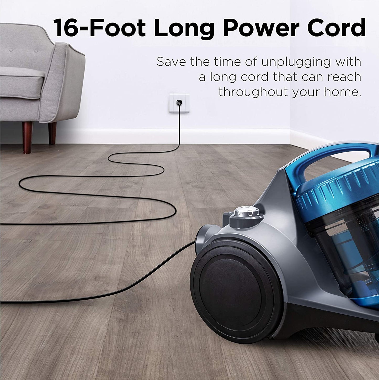 Whirlwind Bagless Canister Cleaner Lightweight Corded Vacuum for Carpets and Hard Floors, Blue