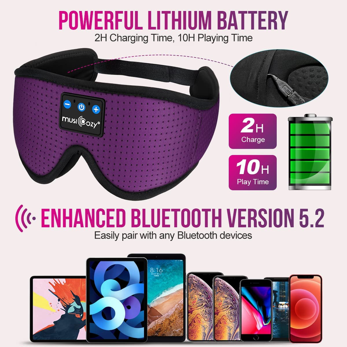 Wireless Sleep Headphones Bluetooth Headband with Breathable 3D Design - Music Eye Mask and Earbuds for Side Sleepers, Women, Office, Air Travel - Cool Tech Gadgets, Unique Gifts (Purple)