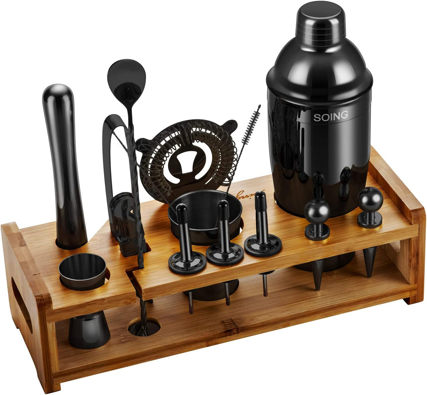 24-Piece Black Cocktail Shaker Set: Perfect Home Bartending Kit for Drink Mixing, Stainless Steel Bar Tools with Stand, Velvet Carry Bag, and Included Recipes