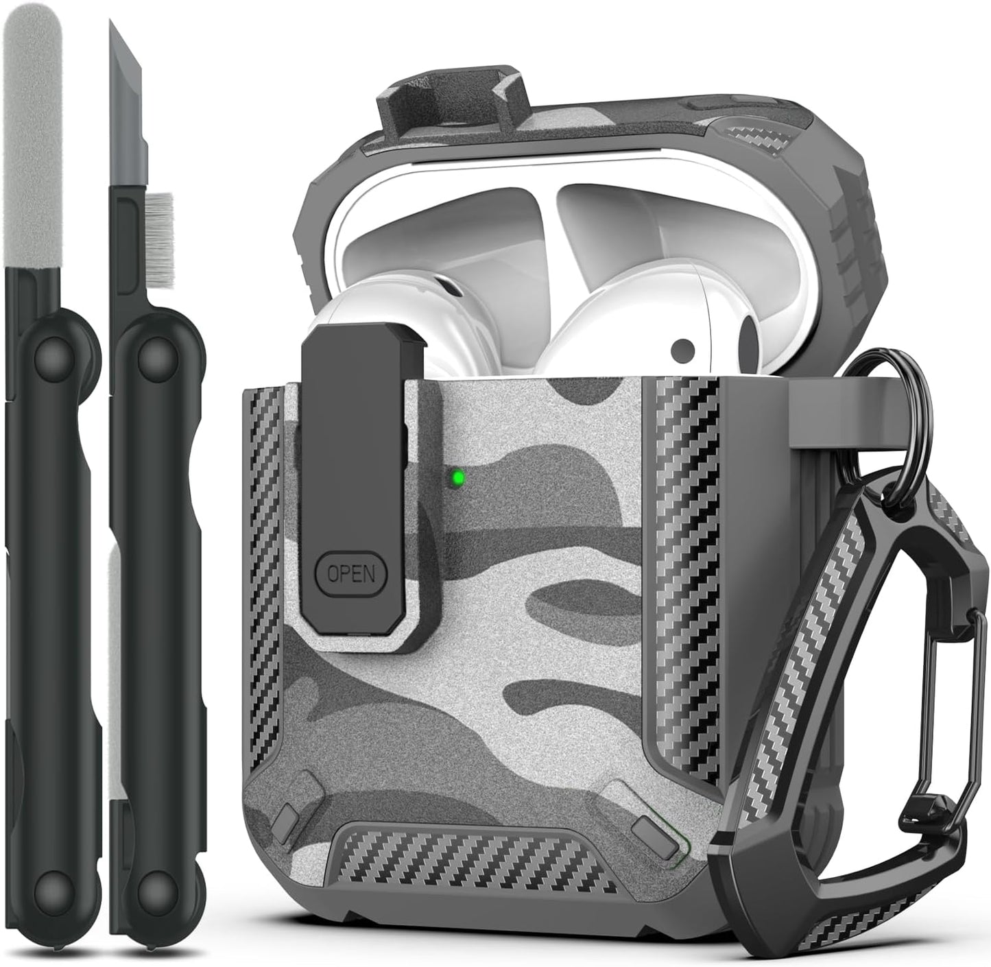 AirPods 2nd Generation Case Cover with Cleaner Kit - Military hard shell protective armor with lock for AirPod Gen 1 & 2 charging case. Front LED visible. Grey camouflage color.