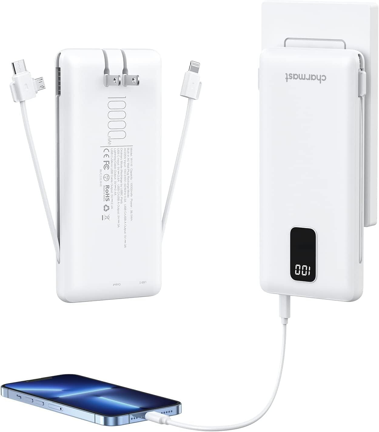 White Portable Charger with Built-in Cable - 10000mAh Power Bank - Slim Design with 5 Output Ports and LED Display - Includes Built-In AC Wall Plug, USB C, and Micro Cables - Integrated Battery Pack Compatible with iPhone and Samsung Galaxy S20