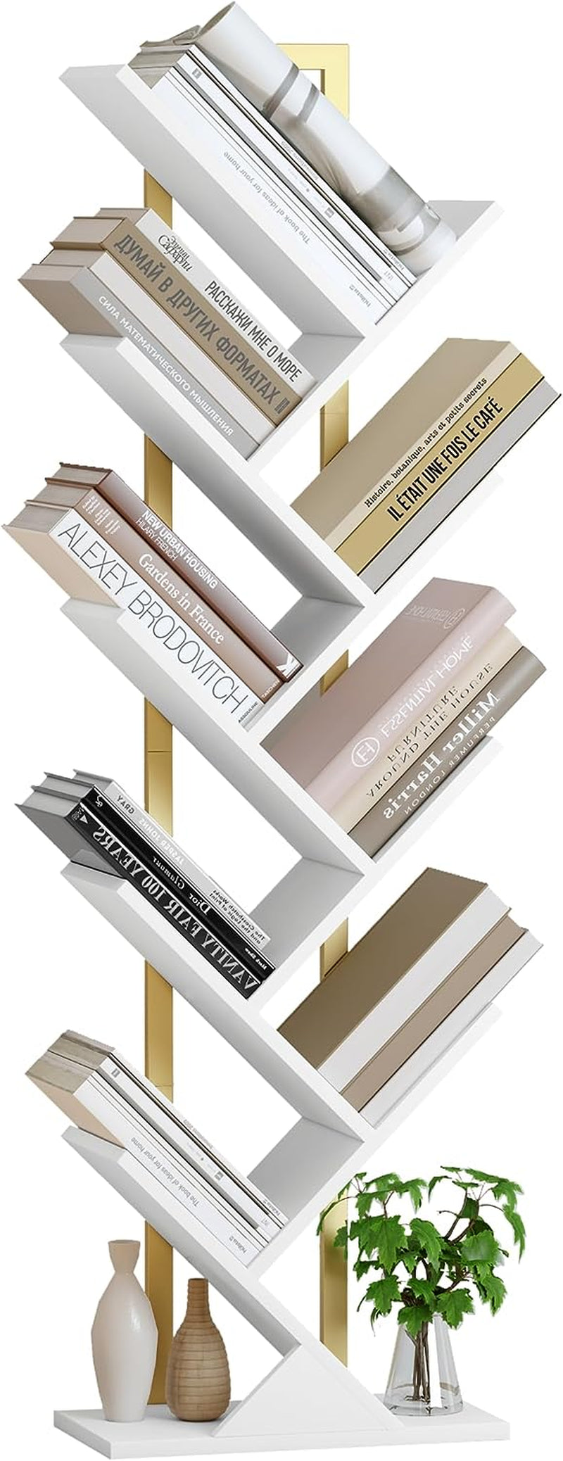 Geometric Tree Bookshelf with Steel Pipe - A Stylish Floor Standing Bookcase for Living Room, Bedroom, Home Office. Available in Gold and White.