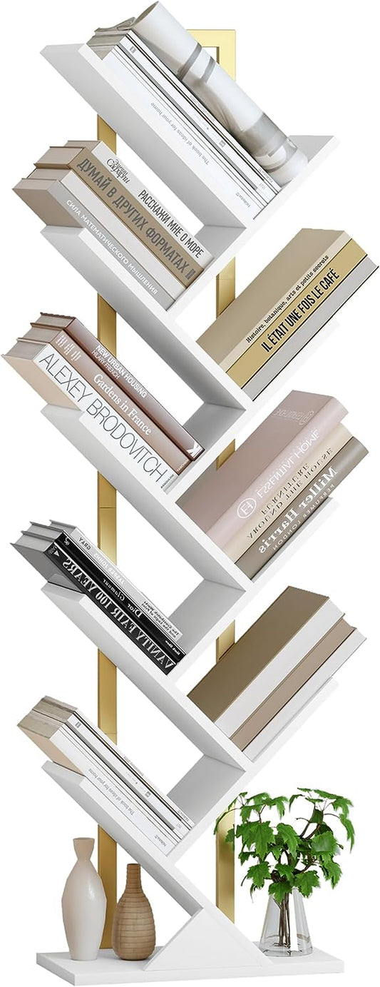 Geometric Tree Bookshelf with Steel Pipe - A Stylish Floor Standing Bookcase for Living Room, Bedroom, Home Office. Available in Gold and White.