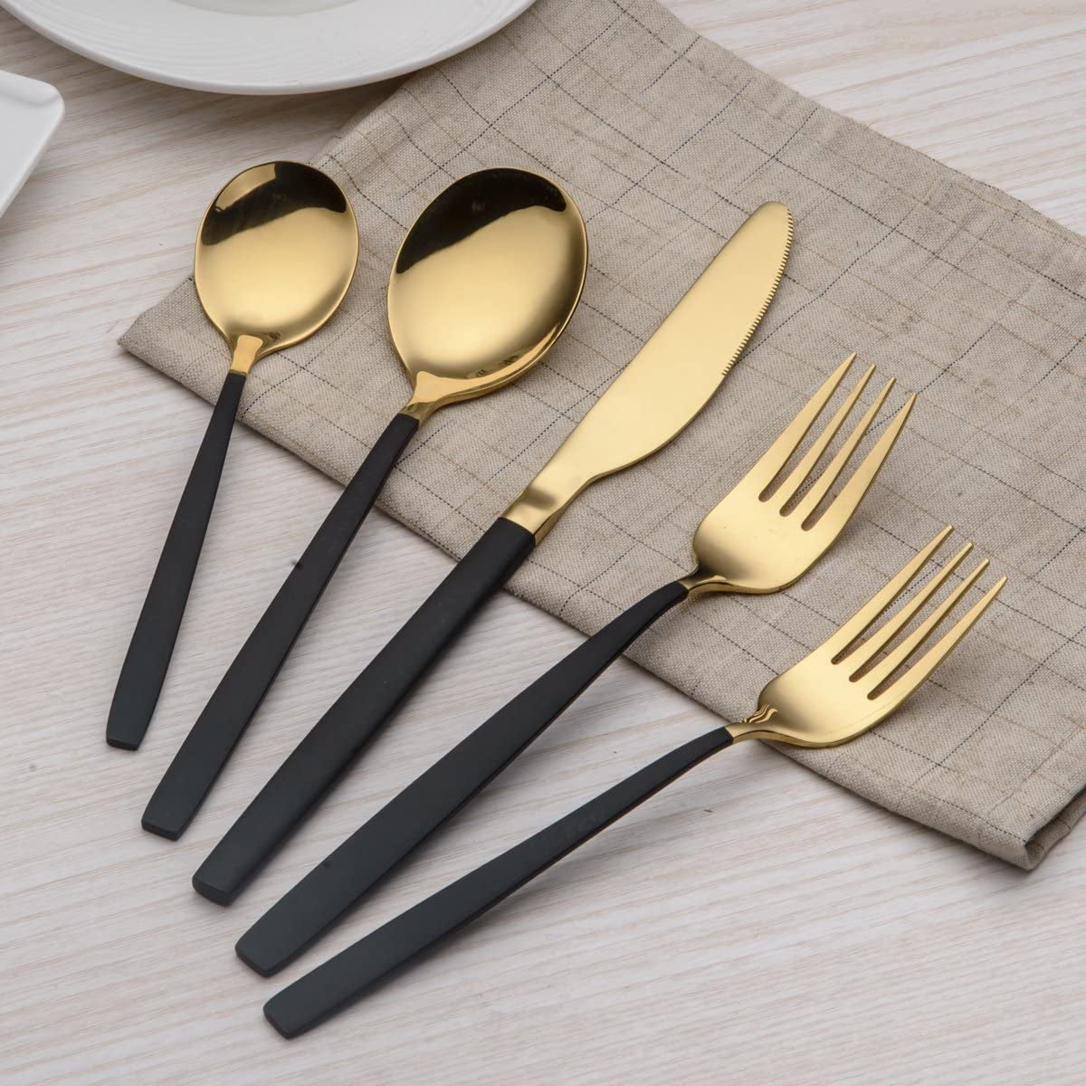  Black and  Golden 20-Piece Titanium-Plated Stainless Steel Flatware Set - Features Black Handles with Golden Accents, Providing a Unique and Elegant Black and Golden Cutlery Set for Service for 4.