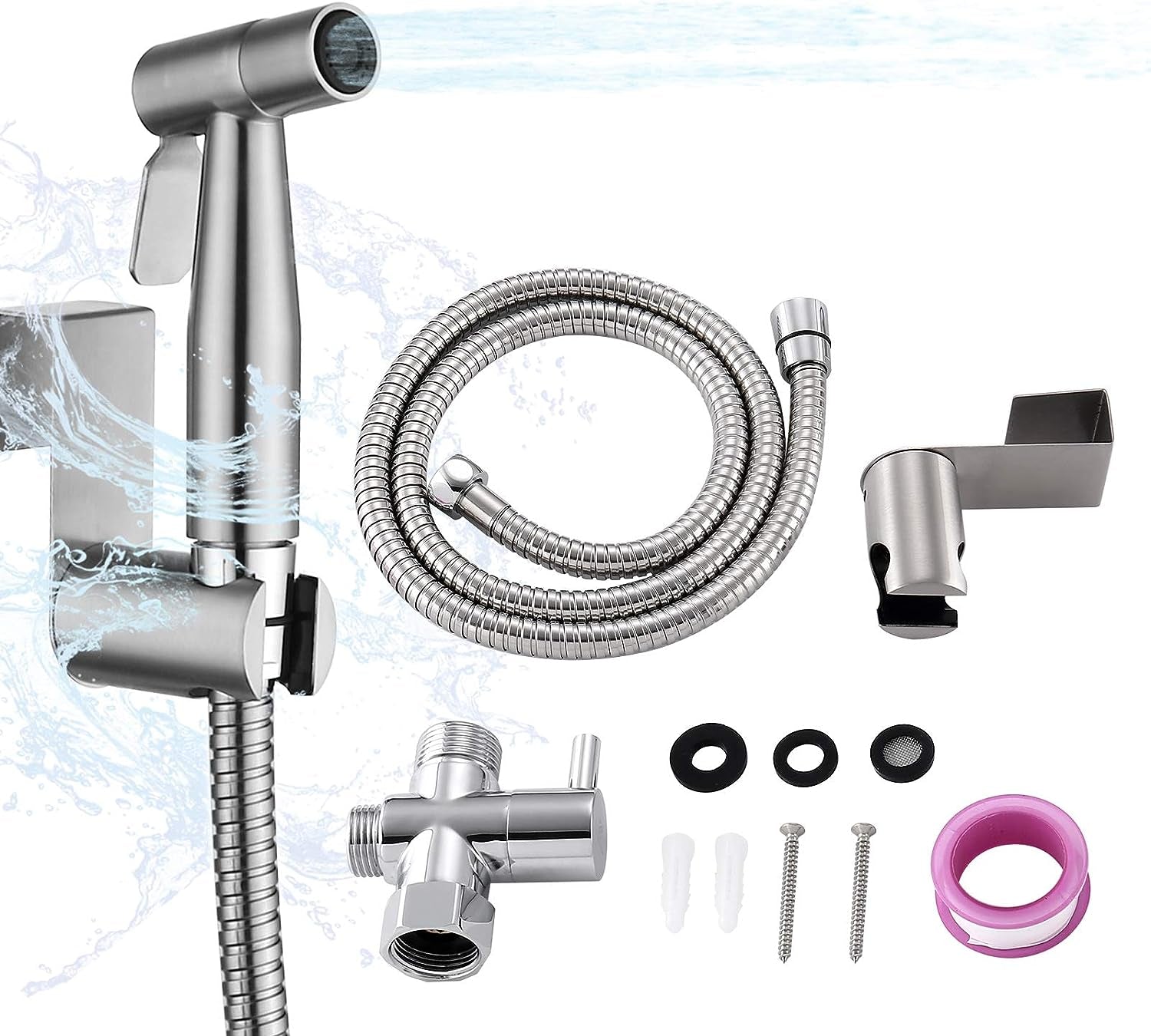 Brushed Nickel Handheld Bidet Sprayer Kit for Toilet - Wall Mounted or Holder Hook Installation, Ideal for Cloth Diaper Spraying, Includes Complete Accessories.