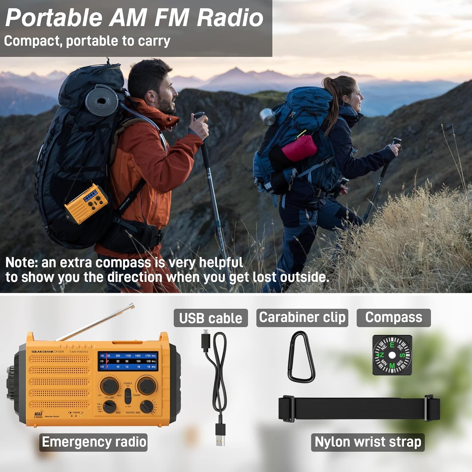 Portable AM/FM/NOAA Weather Radio with Solar Panel, Hand Crank, USB Charging, LED Flashlight, Reading Lamp, SOS, Compass - Ideal for Emergency Situations and Power Outages