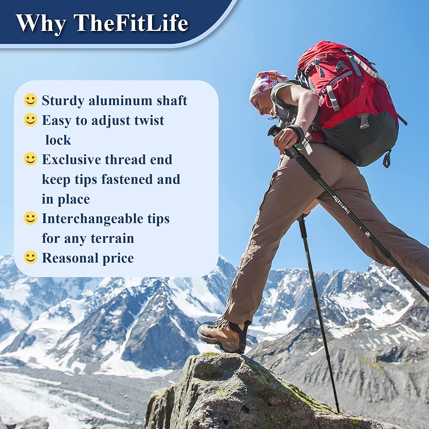 Walking Trekking Poles - Set of 2 with Antishock and Quick Lock System, Telescopic, Collapsible, Ultralight for Hiking, Camping, Mountaineering, Backpacking, Walking, Trekking