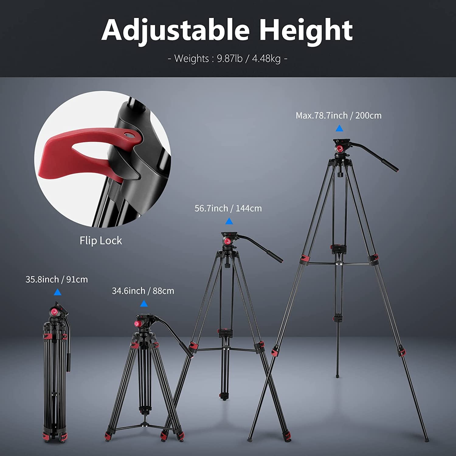 79"/200cm Professional Video Tripod with Heavy Duty Aluminum Alloy Construction, 360° Fluid Drag Head, Quick Release Plate, and Compatibility with Canon, Nikon, Sony, and Other DSLR Camera Camcorders - Supports up to 17.6lb/8kg Load Capacity