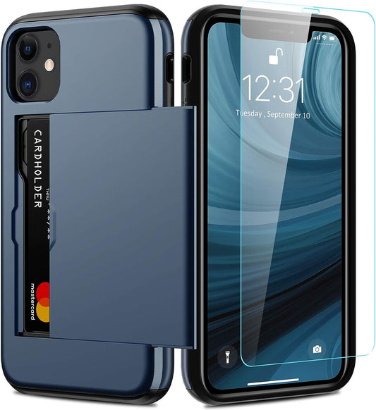  iPhone 11 Case with Card Holder and Screen Protector - Heavy Duty Dual Layer Shockproof Wallet Case with Built-in Card Slot for iPhone 11 -  Dark Blue"